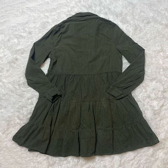 Zara Dress Army Green Corduroy Tiered Small Long Sleeve Vneck Gold Button Fall - Picture 10 of 10